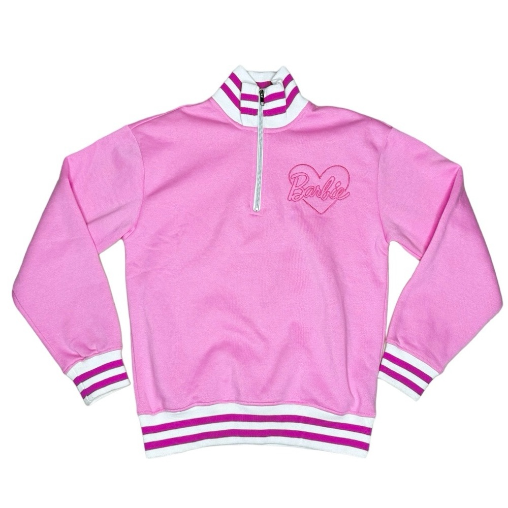 Barbie Cozy Fleece Lined Zip Up Varsity Sweater w Pink Stripe sz small